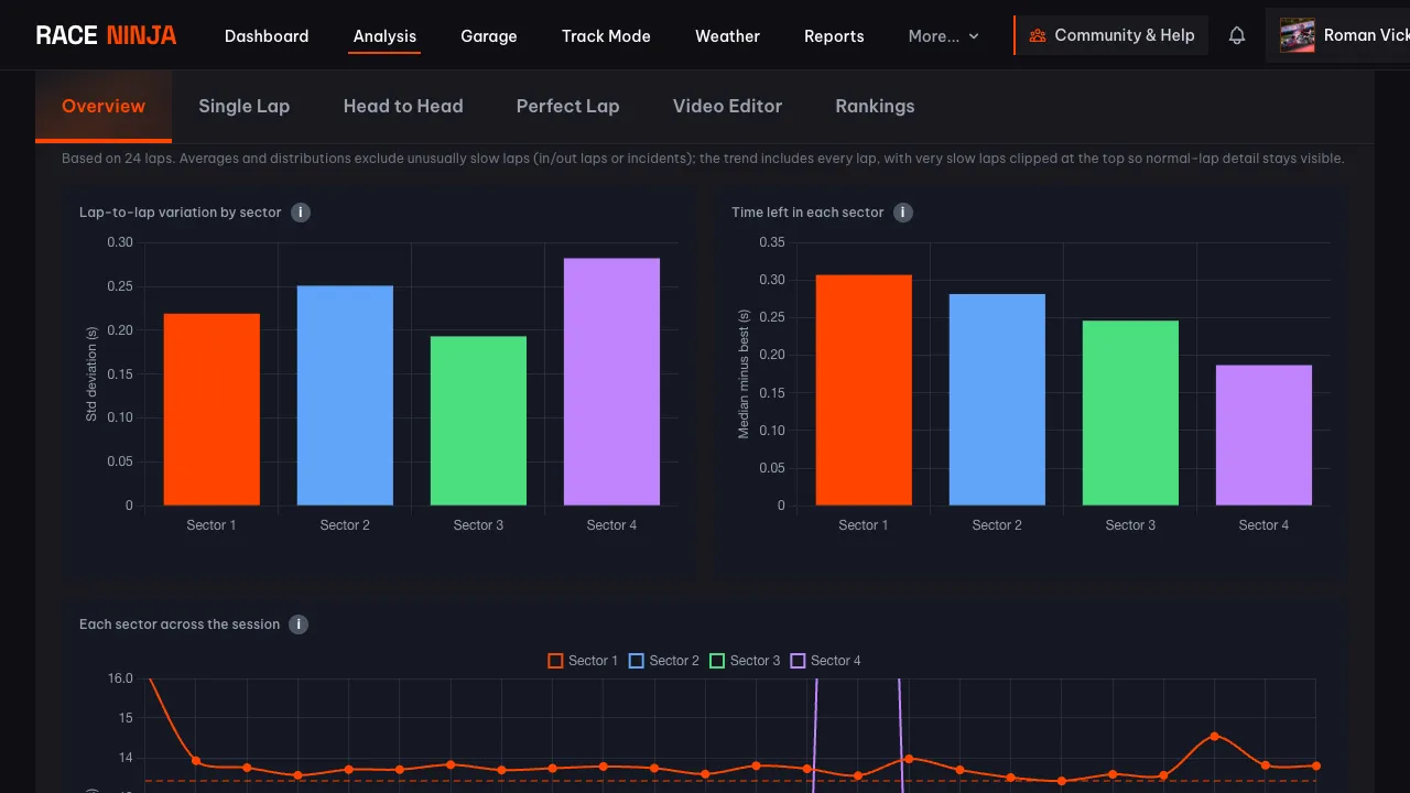 Sector insights showing lap-to-lap variation, time lost per sector, and each sector's trend across a karting session